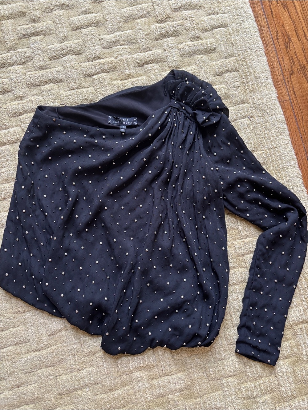Robert Rodriguez Black One-Shoulder Studded Blouse with Rosette